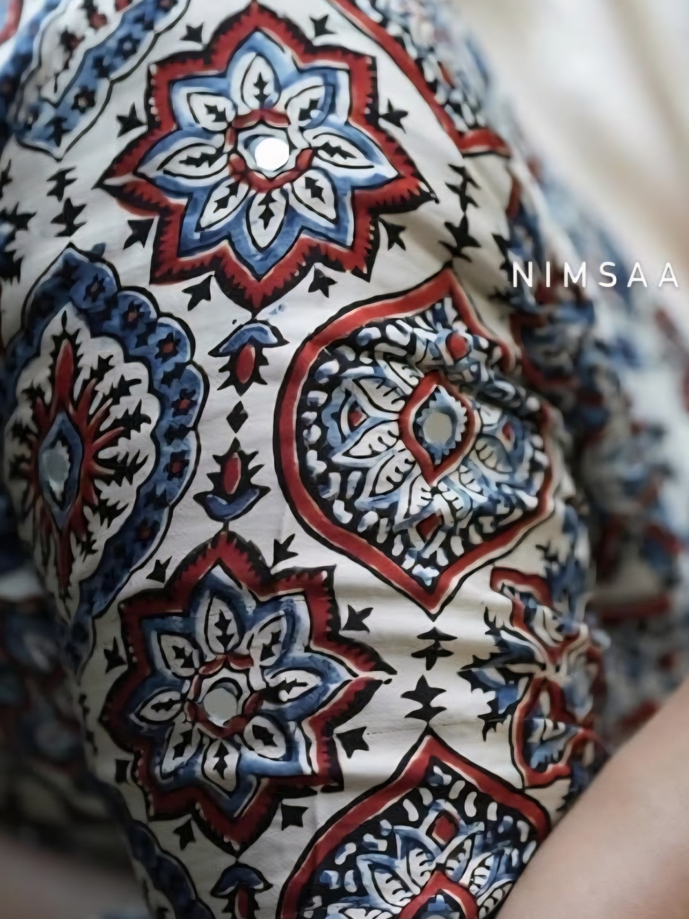 Ajrakh Print Japan Satin Saree with Mirror Work & Latkan - Picture 9 of 17